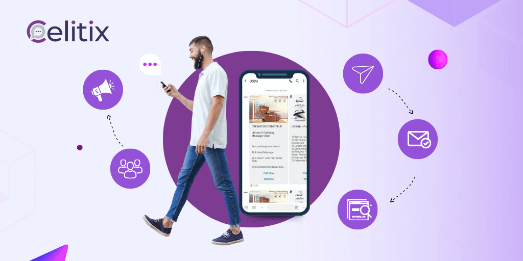 A graphic image of a happy user walking around RCS features. A screenshot of an RCS promotional message.