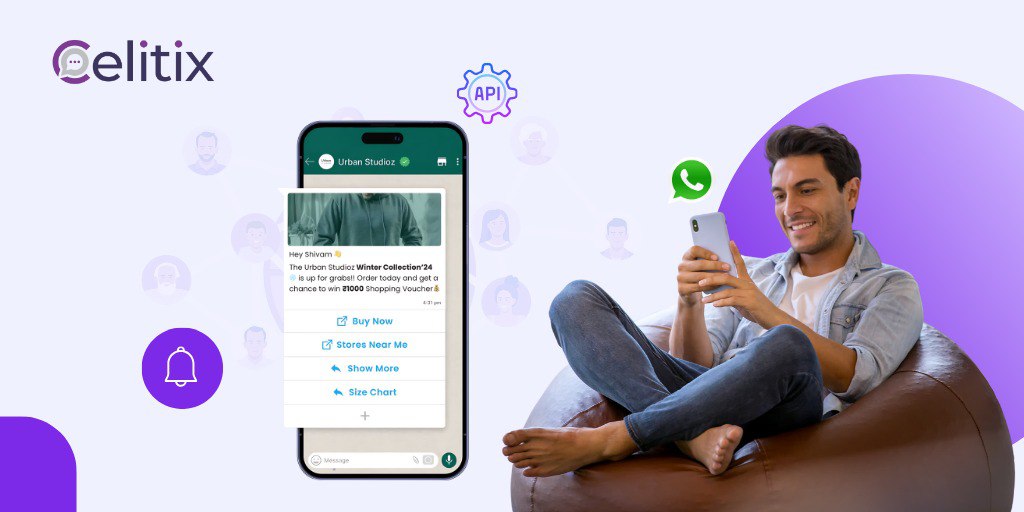 Man viewing WhatsApp message with shopping buttons on WhatsApp API powered by Celitix for online purchases