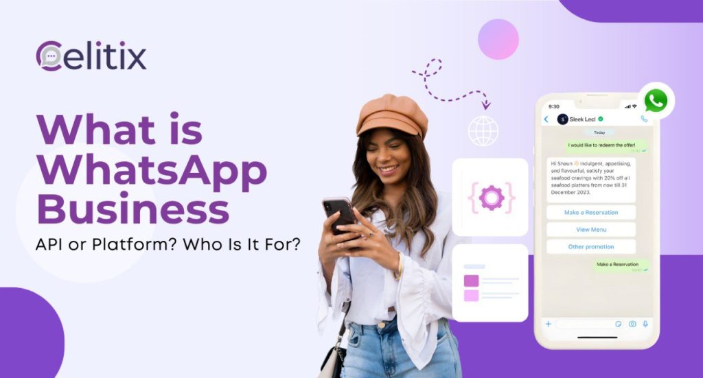 Young woman reading WhatsApp Business Platform chat with rich media and quick reply buttons for a restaurant