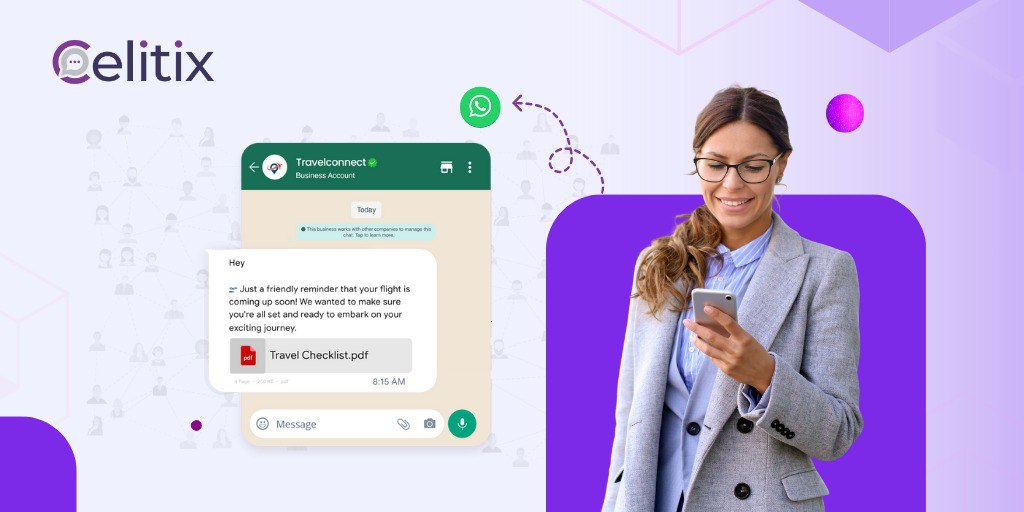 Businesswoman checking WhatsApp message with travel checklist PDF sent via WhatsApp Business Platform